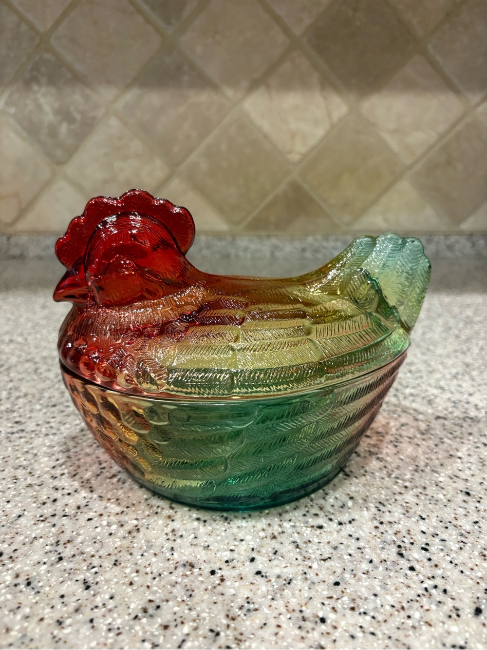 Rainbow-gradient glass hen-on-nest candy dish